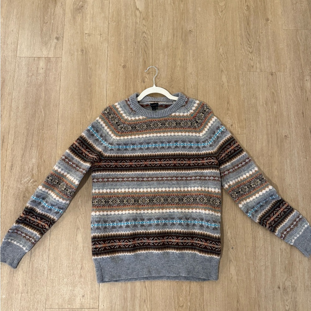 J. Crew Men's Gray and Brown Patterned Crewneck Sweater Large wool